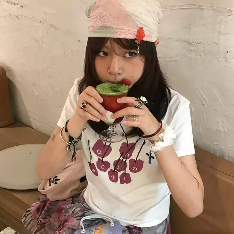 Cathy Dollette Harajuku T Shirt  Short Sleeve Print Graphic TopKorean Style  Vintage Tshirts White Slim Crop TopSummer