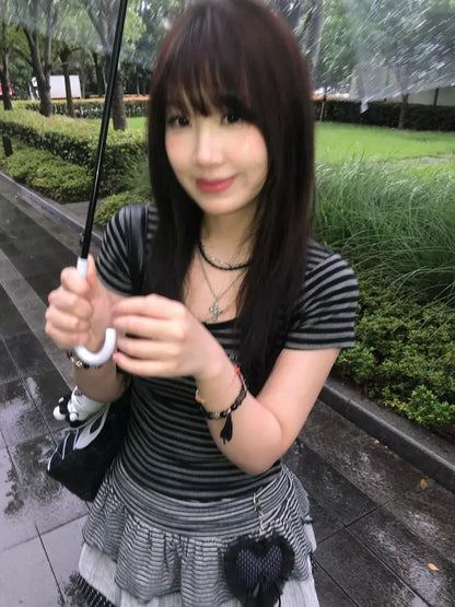 Cathy Dollette Hotsweet Striped 's  Slim Summer Short Sleeve Korean Fashion 2000s Clothes  Tees Female Clothing