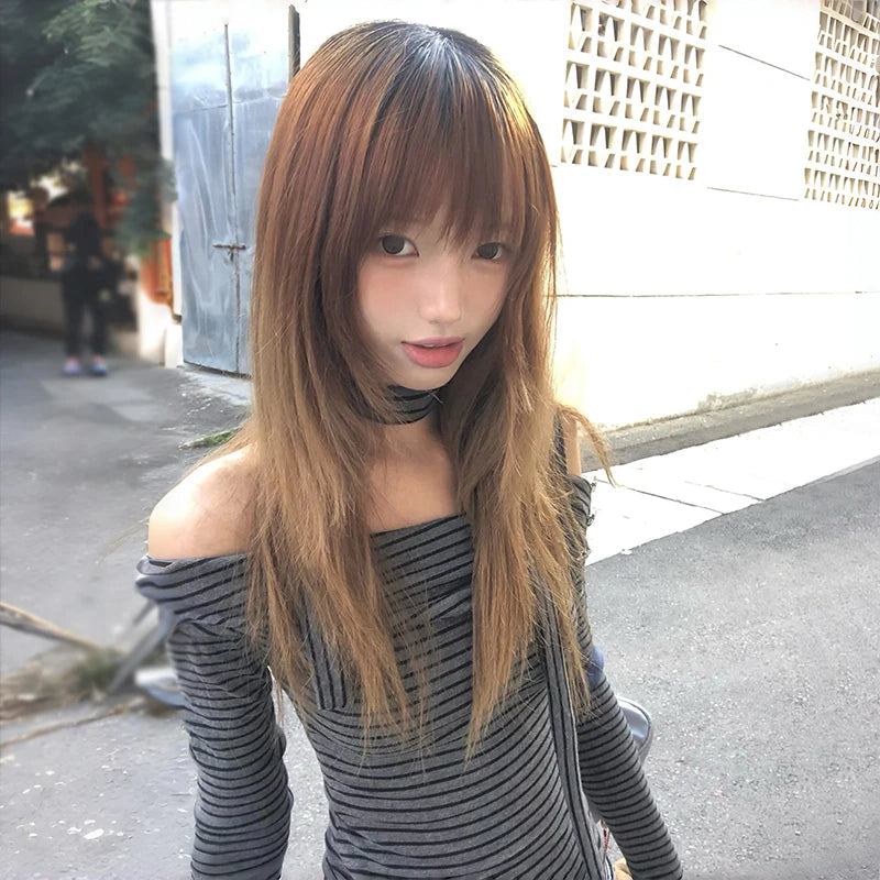 Cathy Dollette Japanese  Off Shoulder Knitted Top2000s Style Long Sleeve Striped  With Scarf Vintage Harajuku Knitwear 90s