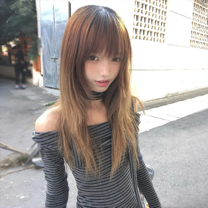Cathy Dollette Japanese  Off Shoulder Knitted Top2000s Style Long Sleeve Striped  With Scarf Vintage Harajuku Knitwear 90s