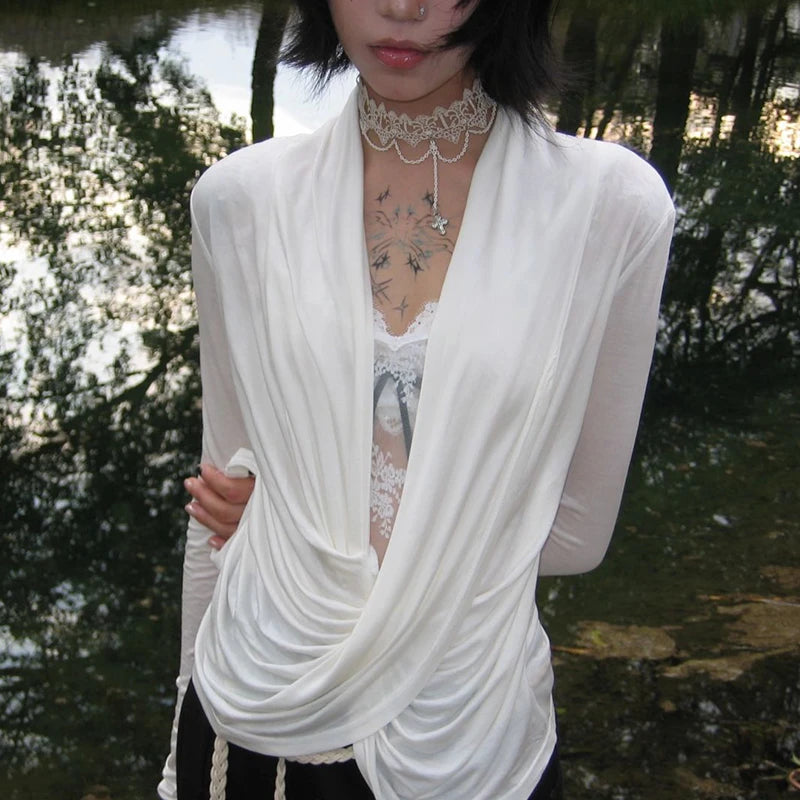 Cathy Dollette Japanese  Cross TopTrashy 2000s Style V-neck Long Sleeve  Vintage Harajuku White Irregular TopAmerican 90s