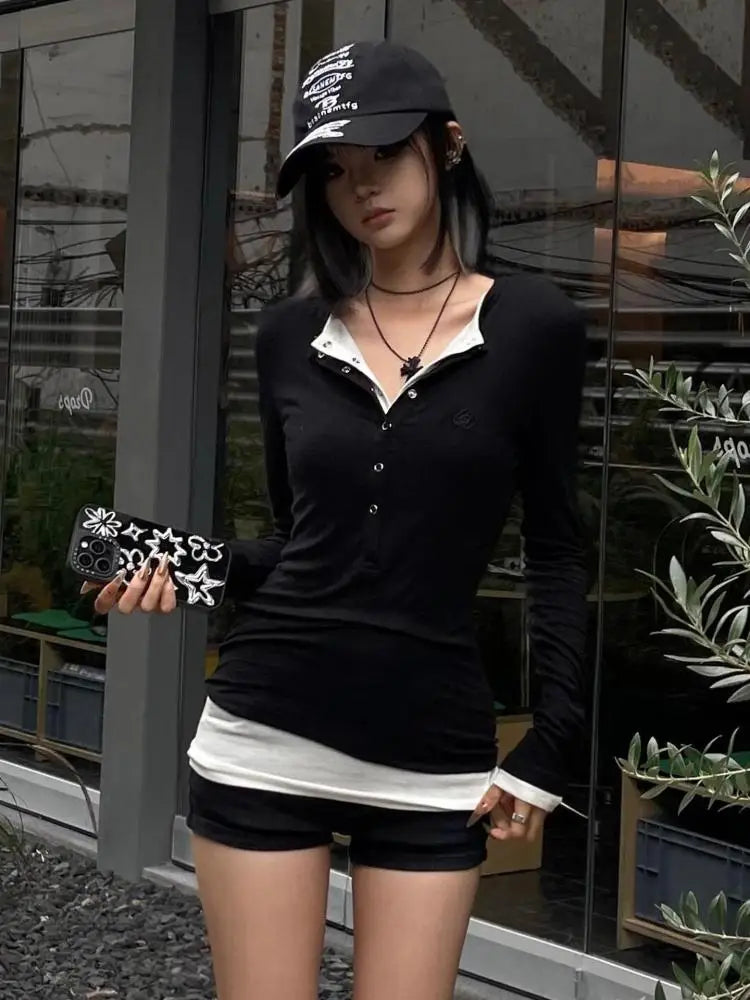 Cathy Dollette Patchwork Fake Two Piece T Shirt  Clothes Long Sleeve Gothic 2000s Clothes  Tees Female Clothing Autumn Tops