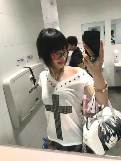 Cathy Dollette Patchwork V Neck Gothic Cross Graphic T Shirts Woman Clothes 2000s  Summer TopTees Female Clothing Japan Style Goth