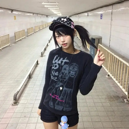 Cathy Dollette Harajuku Print Graphic TopLong Sleeve Cartoon   Tee TopBlack Vintage TopJapanese 2000s Streetwear