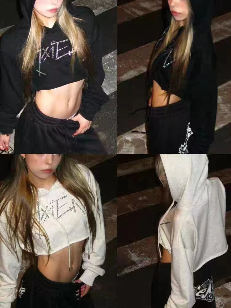 Cathy Dollette Hooded Print 's  Long Sleeve Crop TopSpring Graphic Tees Female Clothing 2000s Clothes  Streetwear Chic