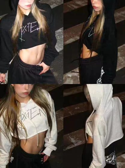 Cathy Dollette Hooded Print 's  Long Sleeve Crop TopSpring Graphic Tees Female Clothing 2000s Clothes  Streetwear Chic