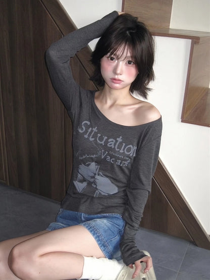 Cathy Dollette  Vintage   Long Sleeve Print Graphic Top American Retro Grunge TopE-girls 2000s Tshirts