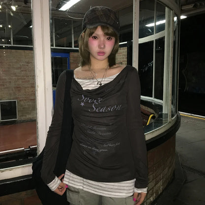 Cathy Dollette Japanese  Fake Two-piece Top2000s Style Letter Print Long Sleeve  Vintage Harajuku Patchwork TopKorean 90s