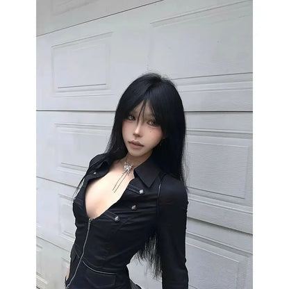 Cathy Dollette Black Gothic 's Shirt Long Sleeve Autumn TopTurn-down Collar Vintage Slim 2000s  Blouse Hippop Retro Chic