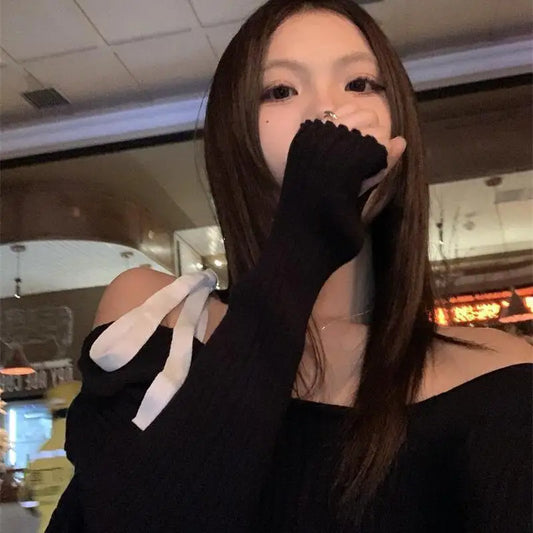 Cathy Dollette  Vintage T Shirt  Long Sleeve Off Shoulder Streetwear Knitted TopKorean Style Fairycore Tshirts Irregual
