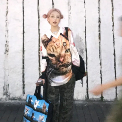 Cathy Dollette Japanese  Kitten Print Jersey  Vintage Harajuku V-neck Long Sleeve Cat TopAmerican Retro Streetwear 2000s