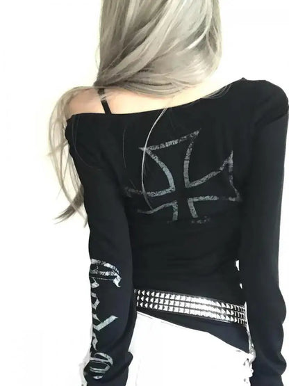 Cathy Dollette Black Graphic T Shirts Woman Clothes Long Sleeve Korean Fashion 2000s Clothes  Tees Female Clothing Sping TopGoth