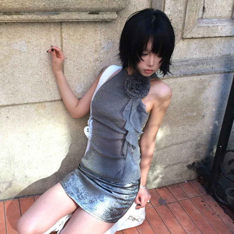 Cathy Dollette Japanese  Mesh Tank Top Trashy 2000s Style Sleeveless TopVintage Harajuku Flower Irregular Tanktop Fairy s