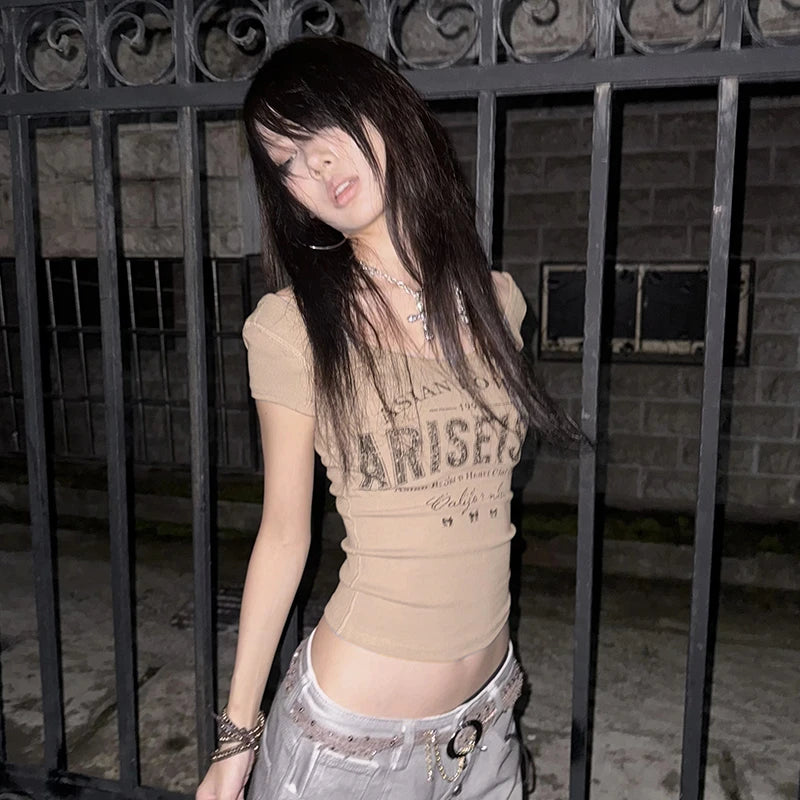 Cathy Dollette Trashy 2000s Letter Print  Grunge s Short Sleeve Crop Top Japanese  Ribbed Tee Shirt American Retro