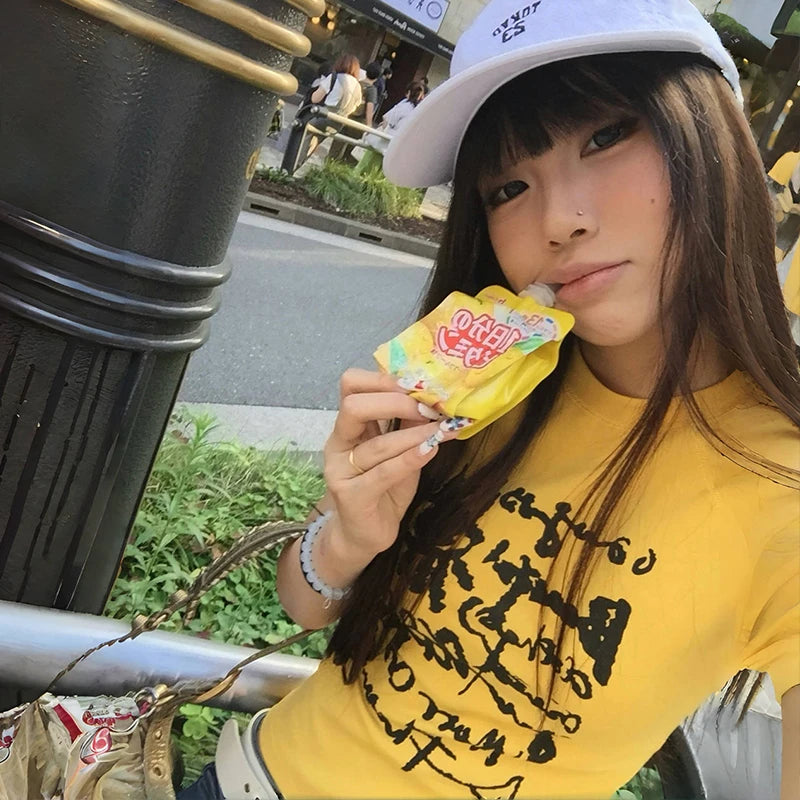 Cathy Dollette Japanese  Letter Print  Vintage Harajuku Crop Top Trashy 2000s Style Short Sleeve Tee Shirt American Retro 90s