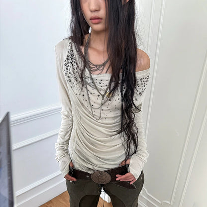 Cathy Dollette Grunge s Off Shoulder TopTrashy  Diamonds Print  Vintage 2000s Style Streetwear Punk American Retro