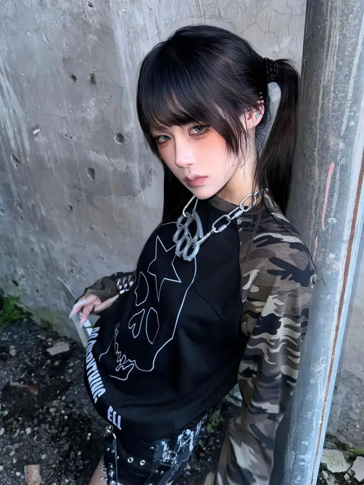 Cathy Dollette Skull Graphic T Shirts Camouflage Woman Clothing Autumn TopLong Sleeve Cotton 2000s Clothes  Tees Female Clothing