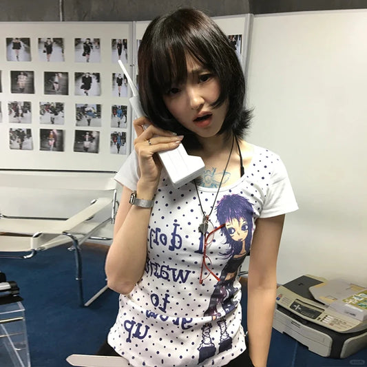 Cathy Dollette Harajuku Print T Shirt  Short Sleeve Slim  Japanese Grunge Top2000s  Fairycore Tee Top