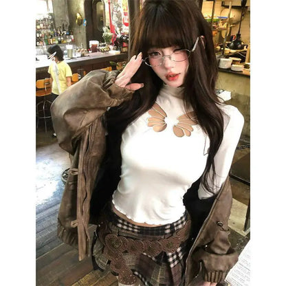 Cathy Dollette Hollow Out T Shirt  Clothes Long Sleeve Japan Style Slim 2000s Clothes  Tees Female Clothing Autumn TopChic