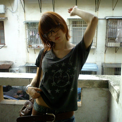 Cathy Dollette Japanese  Letter Print  Trashy 2000s Style V-neck T Shirt Vintage Harajuku Short Sleeve Tee Shirt Grunge 90s