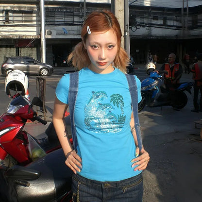 Cathy Dollette Japanese  Rhinestones  Vintage Harajuku Diamond Print T Shirts Trashy 2000s s Blue Tee Shirt Grunge