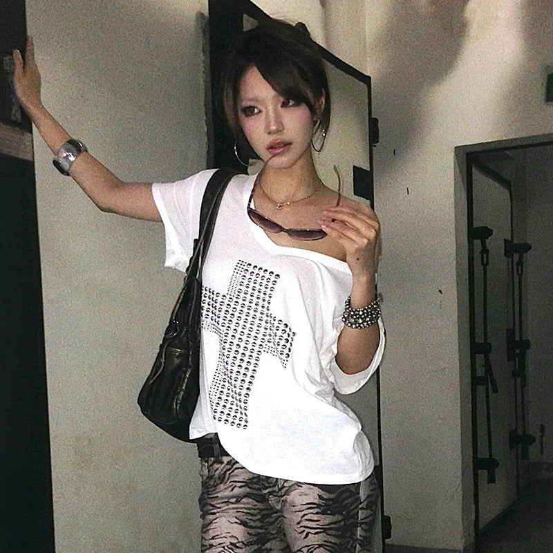 Cathy Dollette Japanese  Metal Cross Print  Trashy 2000s V-neck Sheer TopVintage Harajuku Short Sleeve Streetwear Grunge