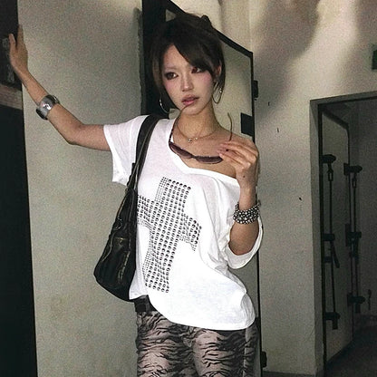 Cathy Dollette Japanese  Metal Cross Print  Trashy 2000s V-neck Sheer TopVintage Harajuku Short Sleeve Streetwear Grunge