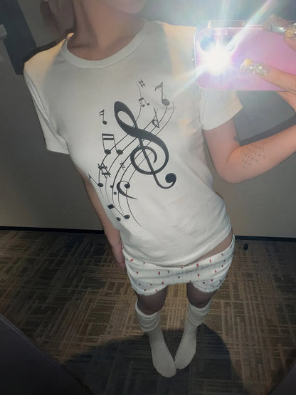 Cathy Dollette Korean Style   White Print Graphic Top Vintage Top Japanese 2000s Tshirts E-girls Summer
