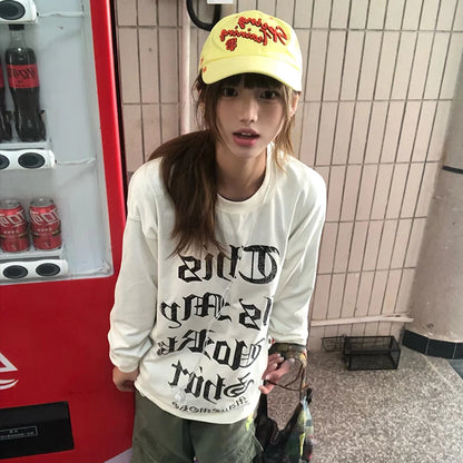 Cathy Dollette Japanese  Letter Print  2000s Style Long Sleeve T Shirt Vintage Harajuku White Loose TopAmerican Retro 90s