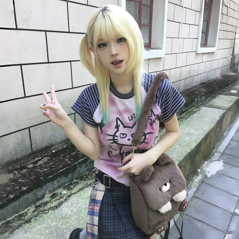 Cathy Dollette Japanese  T Shirt Trashy 2000s Kitten Print s Grunge s Short Sleeve Patchwork TopVintage Harajuku