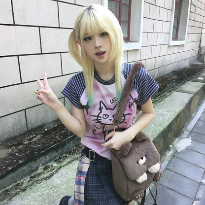 Cathy Dollette Japanese  T Shirt Trashy 2000s Kitten Print s Grunge s Short Sleeve Patchwork TopVintage Harajuku