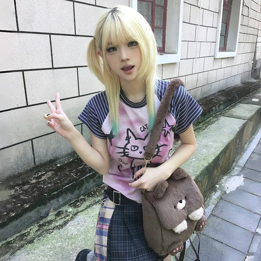 Cathy Dollette Japanese  T Shirt Trashy 2000s Kitten Print s Grunge s Short Sleeve Patchwork TopVintage Harajuku
