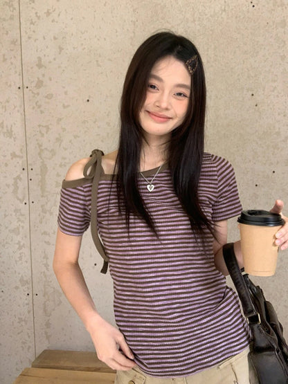 Cathy Dollette Korean Style Striped   Short Sleeve Lace Up Irreagual Tee Top  Grunge TopJapanese