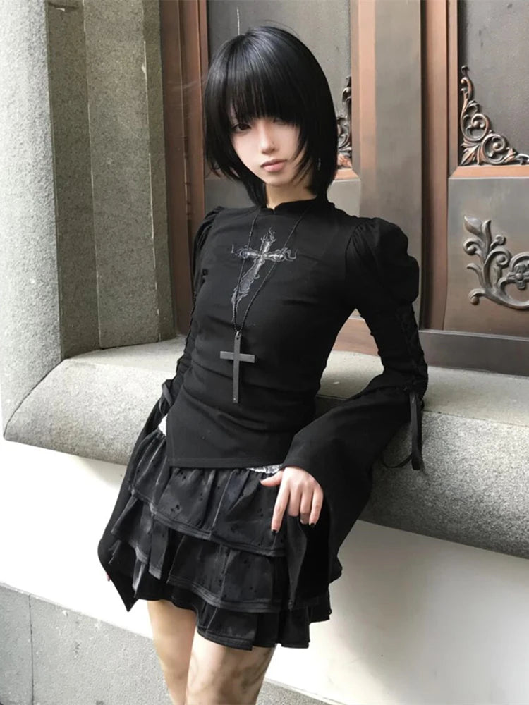 Cathy Dollette Black Gothic Hollow Out Cross T Shirt  Long Sleeve Streetwear Slim Flare Sleeve Spring Top2000s Clothes  Tees