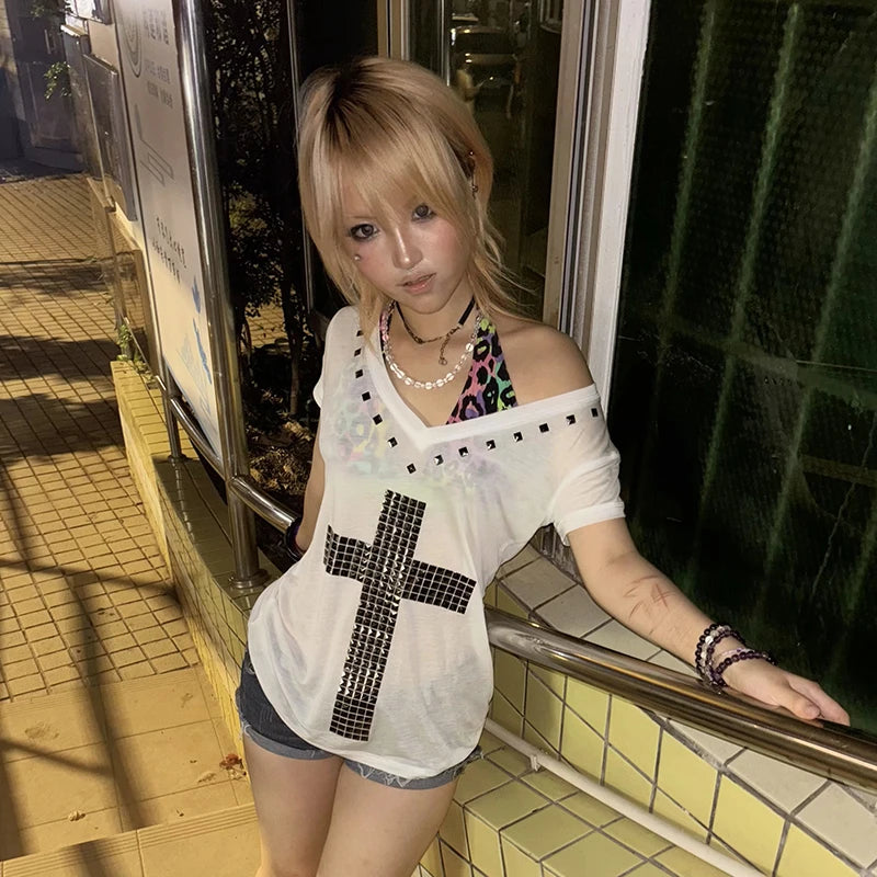Cathy Dollette Japanese  Metal Cross Print  Vintage Harajuku Short Sleeve Sheer TopTrashy 2000s V-neck Streetwear Grunge