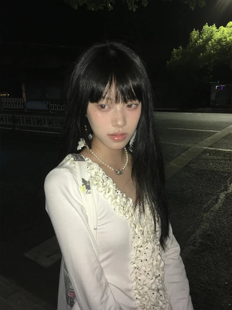 Cathy Dollette Korean Style   Long Sleeve Patchwork  Fairycore Tee Top Japanese 2000s Polka Dot Tshirts