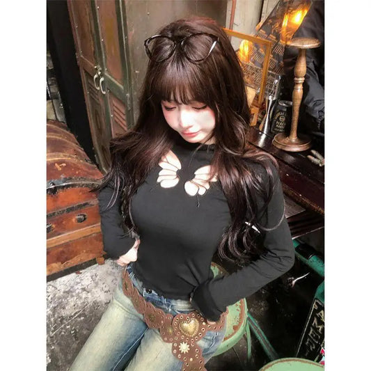 Cathy Dollette Hollow Out T Shirt  Clothes Long Sleeve Japan Style Slim 2000s Clothes  Tees Female Clothing Autumn TopChic
