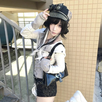Cathy Dollette Japanese  Fake Two-piece Knitted TopTrashy 2000s Hooded Jacket Vintage Harajuku Knitwear Grunge s American