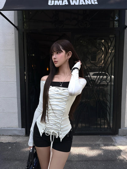 Cathy Dollette Hotsweet Lace Up Patchwork  Woman Clothes Long Sleeve Autumn Top 2000s Clothes  Youthful Tees Chic