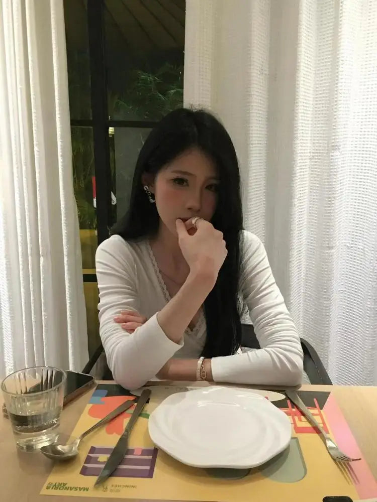 Cathy Dollette Hotsweet V-neck T Shirt  Clothes Long Sleeve Tees Female Clothing Autumn Top2000s Clothes  Slim s Chic