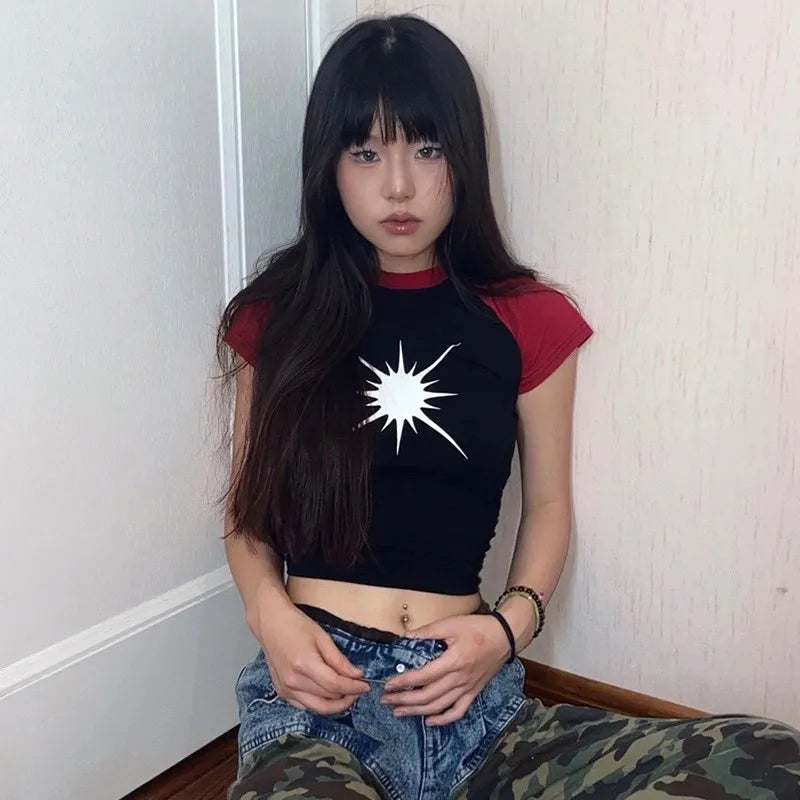 Cathy Dollette Japanese  Patchwork  Vintage Harajuku Short Sleeve Tee Shirt Trashy 2000s Style Crop Top American Retro 90s