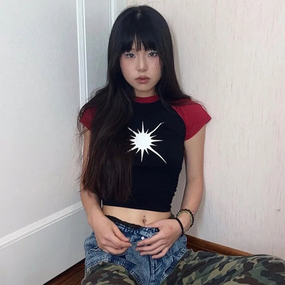 Cathy Dollette Japanese  Patchwork  Vintage Harajuku Short Sleeve Tee Shirt Trashy 2000s Style Crop Top American Retro 90s