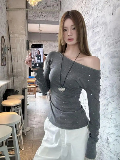 Cathy Dollette Hotsweet One Shoulder Dot T Shirt Long Sleeve Korean Fashion 's  2000s Clothes  Autumn TopTees Female