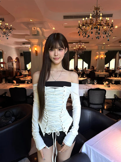 Cathy Dollette Hotsweet Lace Up Patchwork  Woman Clothes Long Sleeve Autumn Top 2000s Clothes  Youthful Tees Chic