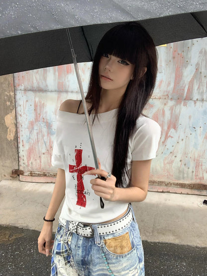 Cathy Dollette Off Shoulder Cross Print 's  2000s Clothes  Short Sleeve Japan Style Graphic Tee Female Clothing Summer