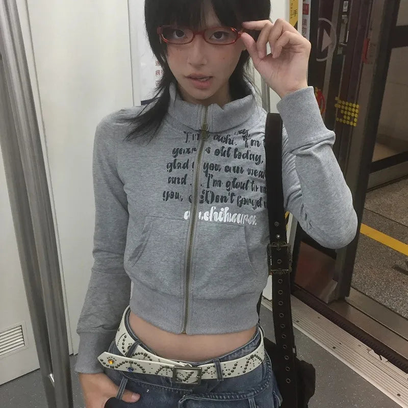 Cathy Dollette Japanese  Cropped Jacket Vintage Harajuku Short Coat American Retro Letter Print Zipper Sweatshirt Grunge Outerwear