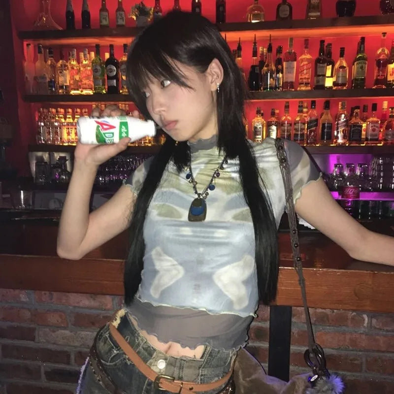 Cathy Dollette Trashy  Crop Top Japanese 2000s Style Mesh TopGrunge s Short Sleeve  Tie-dye Vintage Harajuku Tee