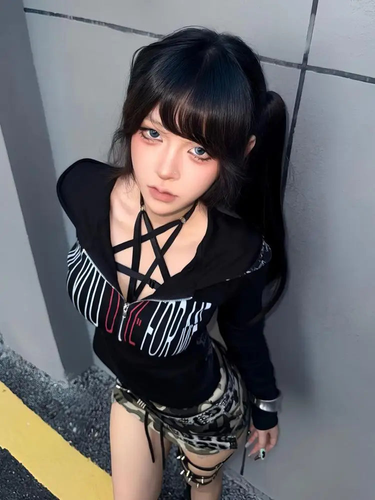 Cathy Dollette Black Hooded Gothic T Shirt  Clothes Long Sleeve Autumn Top2000s Clothes  Graphic T Shirts Tees Female Chic