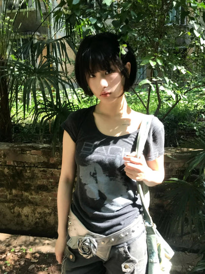 Cathy Dollette  Vintage Print T Shirt  Short Sleeve  2000s TopJapanese Streetwear Grunge TopTee E-girls Summer
