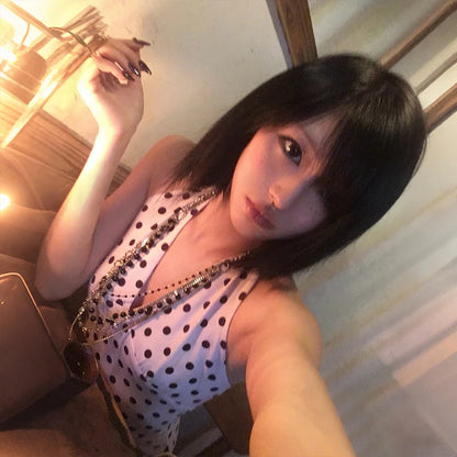 Cathy Dollette Japanese  Polka Dot Halter Top2000s s Pink Tank Top Vintage Harajuku V-neck Camisole TopAmerican Retro